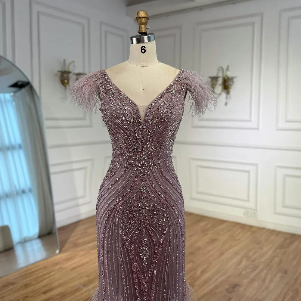 Luxury Pink Feathered Mermaid Evening Dress with Beaded Hem LA73098