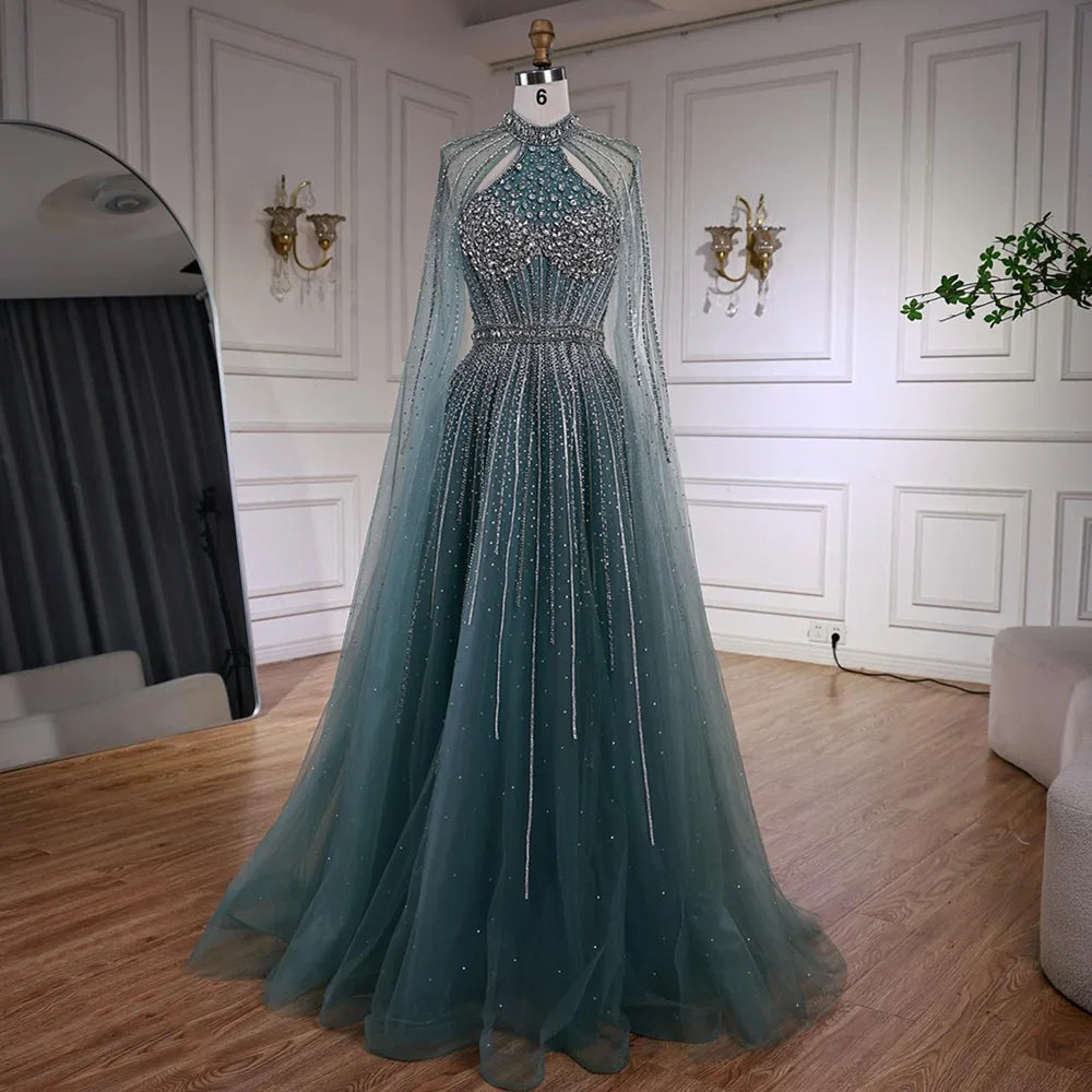 Luxury Turquoise Beaded A-Line Evening Dress with Cape Sleeves LA73054