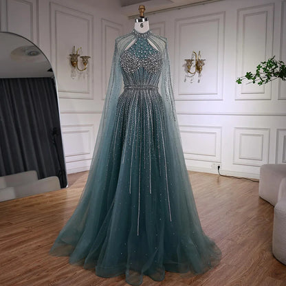 Luxury Turquoise Beaded A-Line Evening Dress with Cape Sleeves LA73054