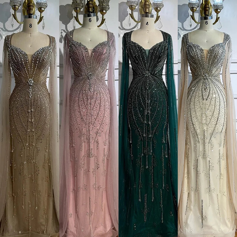 Elegant Beige Beaded Evening Dress with Cape Sleeves LA72992