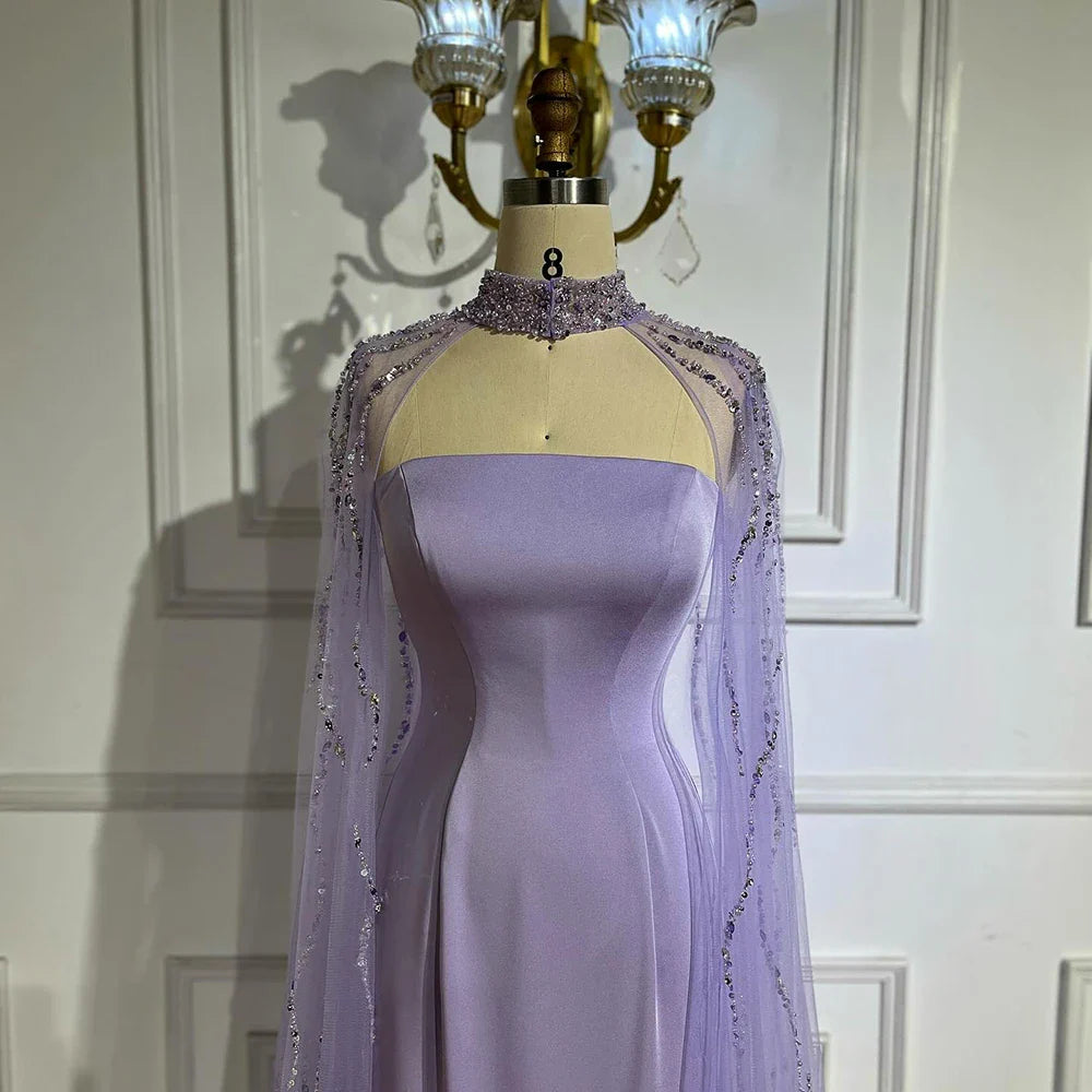Lilac Elegant Evening Dresses with Luxury Beaded Long Cape Gown for Party LA72828