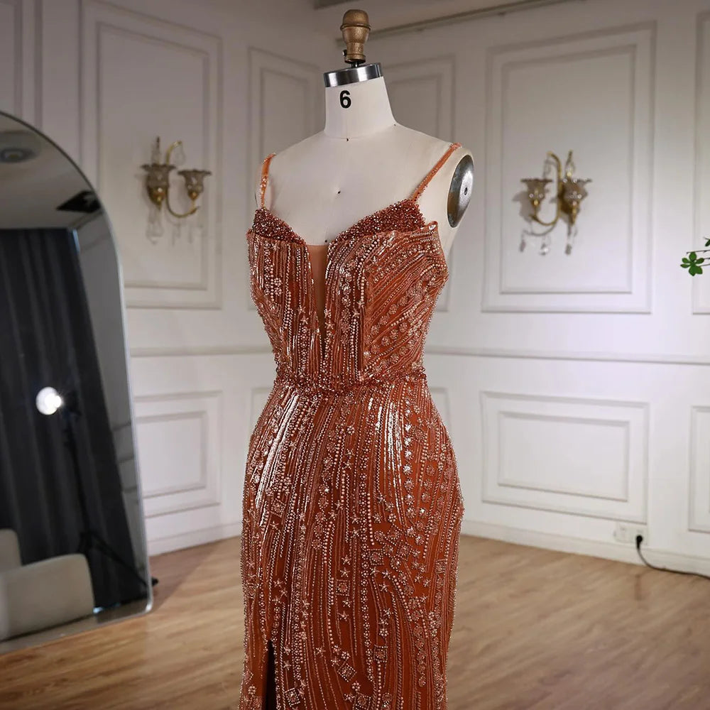 Orange Beaded Mermaid Evening Dress with Slit Spaghetti Straps LA72542