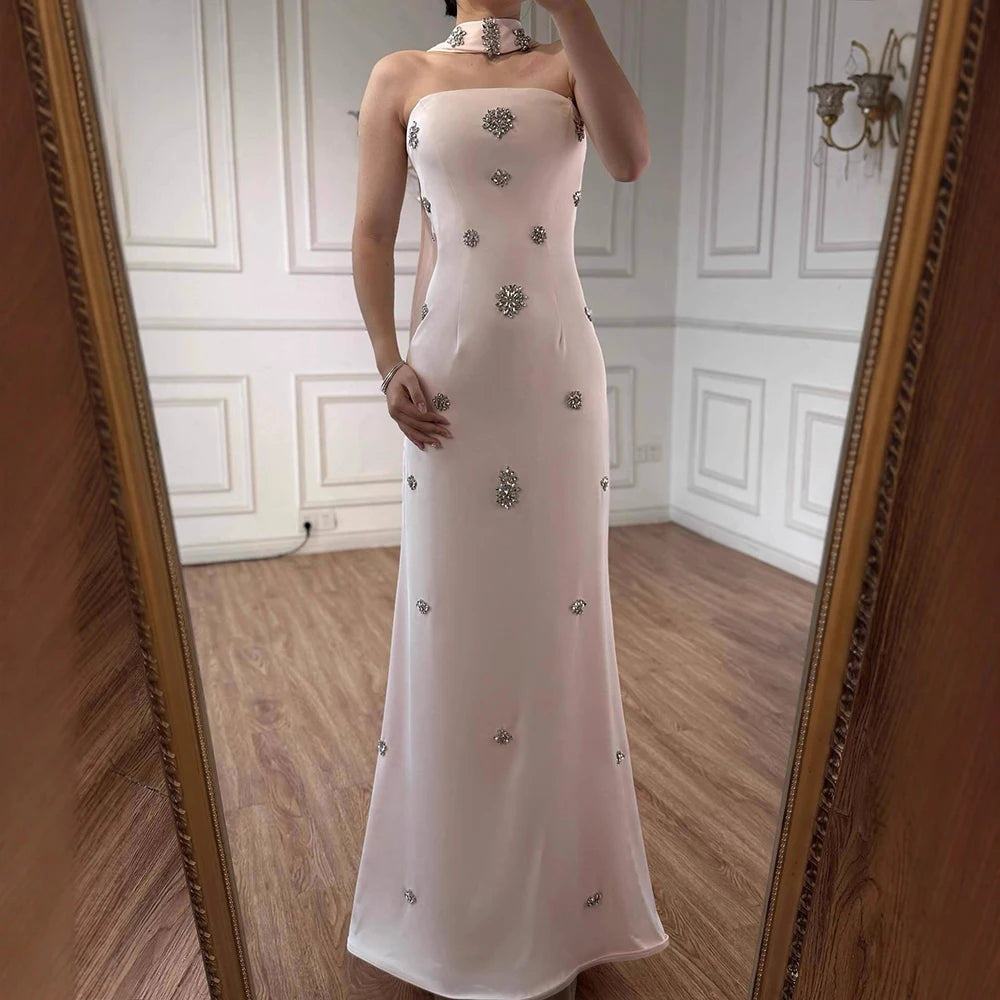 Luxury Blue Arabic Mermaid Crystal Evening Dress with Cape LA73100