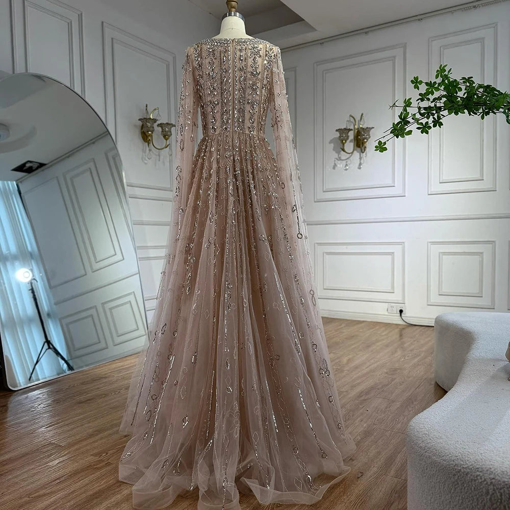 Luxury Nude Beaded Evening Dress with Cape Sleeves for Formal Occasion LA72764A