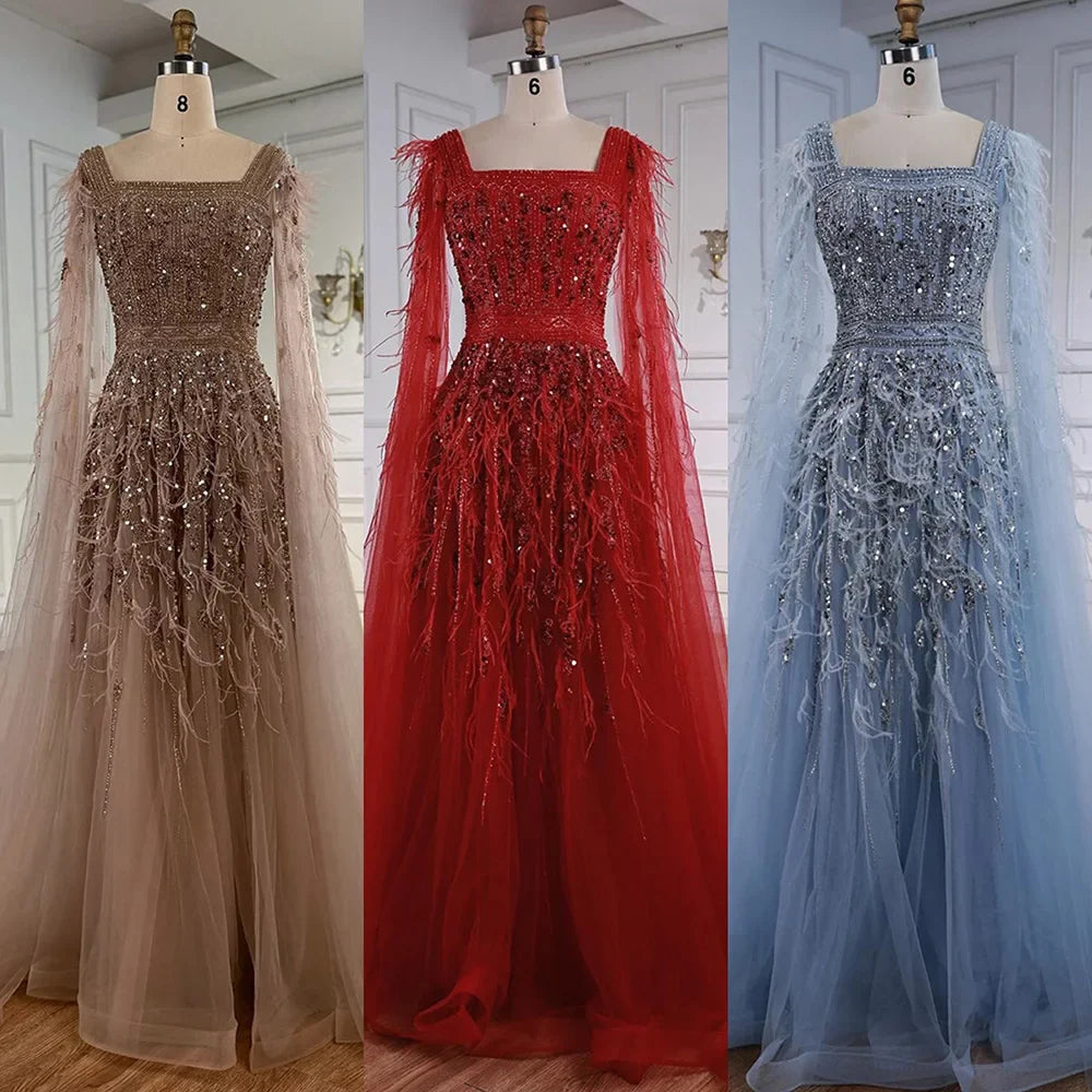 Elegant Blue Beaded Feather A-Line Evening Dress With Cape  LA73043