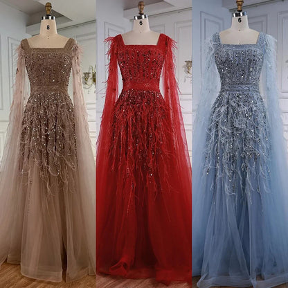 Elegant Blue Beaded Feather A-Line Evening Dress With Cape  LA73043