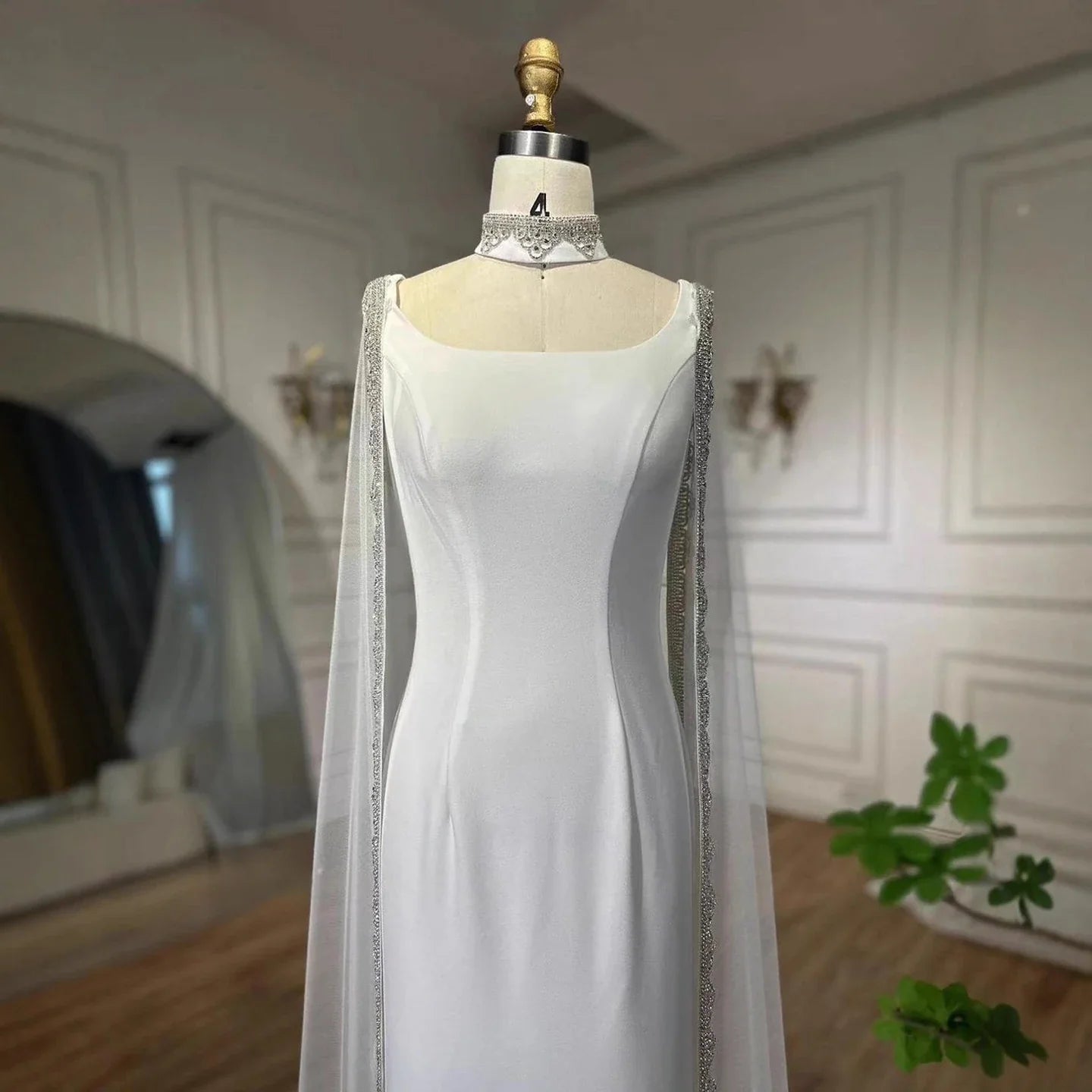 Luxury Blue Mermaid Beaded Evening Dress with Cape Sleeves LA72086