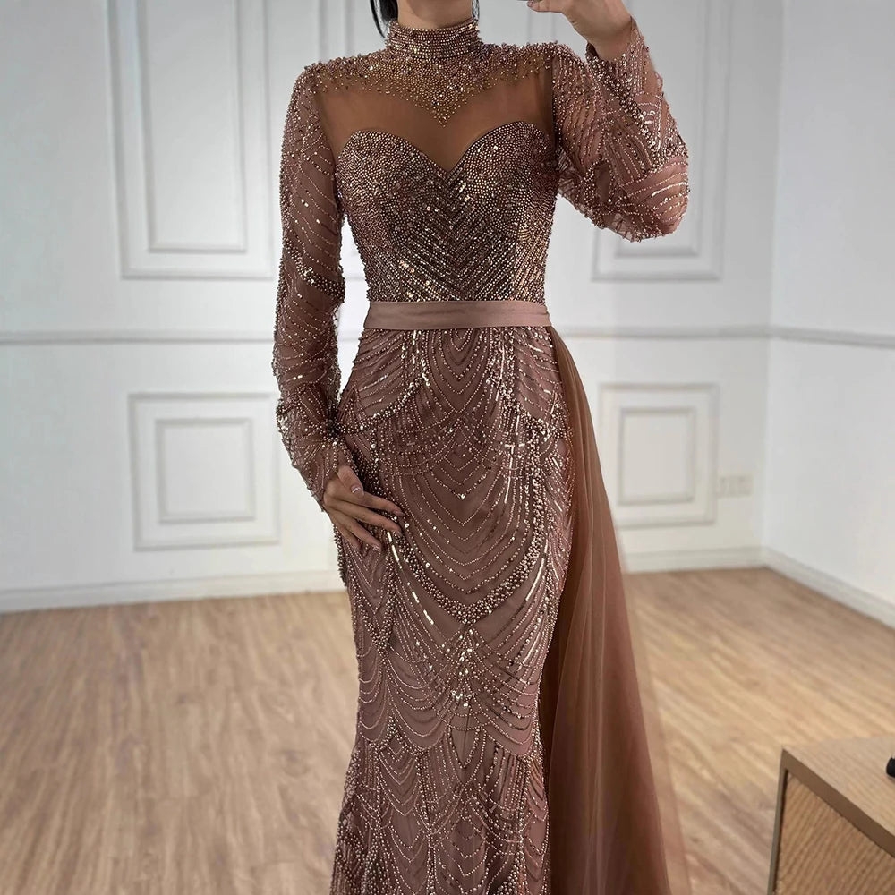 Luxury Brown Beaded Mermaid Evening Dress with Side Overskirt LA71913A