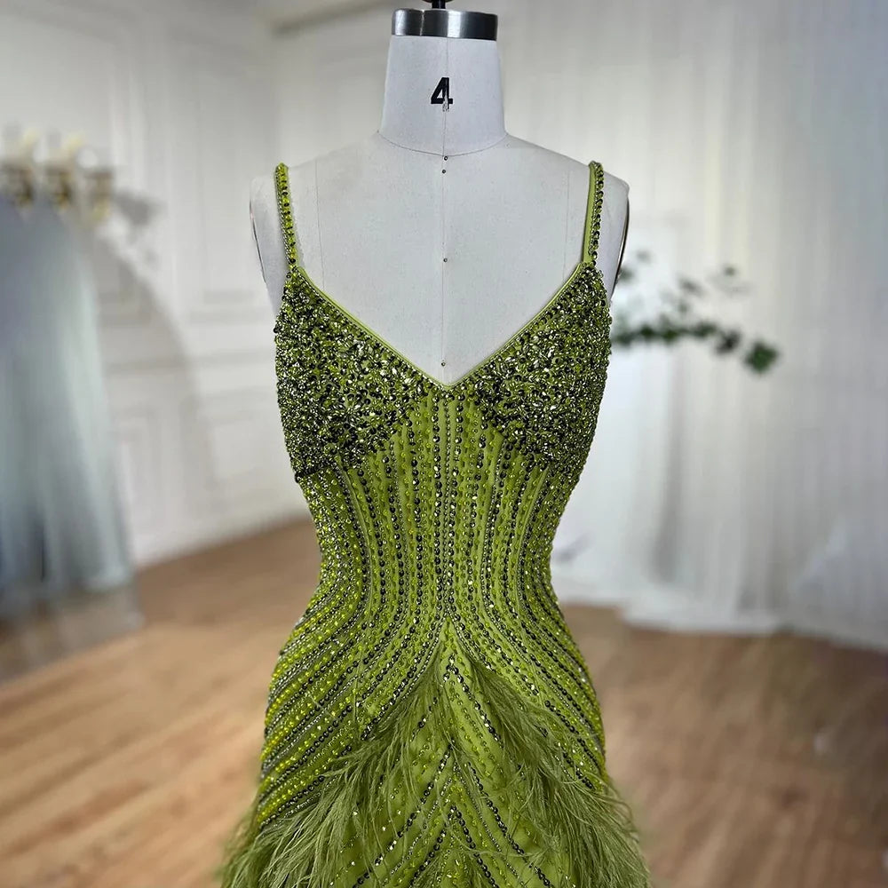 On Sale  no return no refund Serene Hill Yellow Green Feathers Mermaid Sundress Evening Gowns Beaded Ankle Length Party Drsses 2025 For Women LA72055
