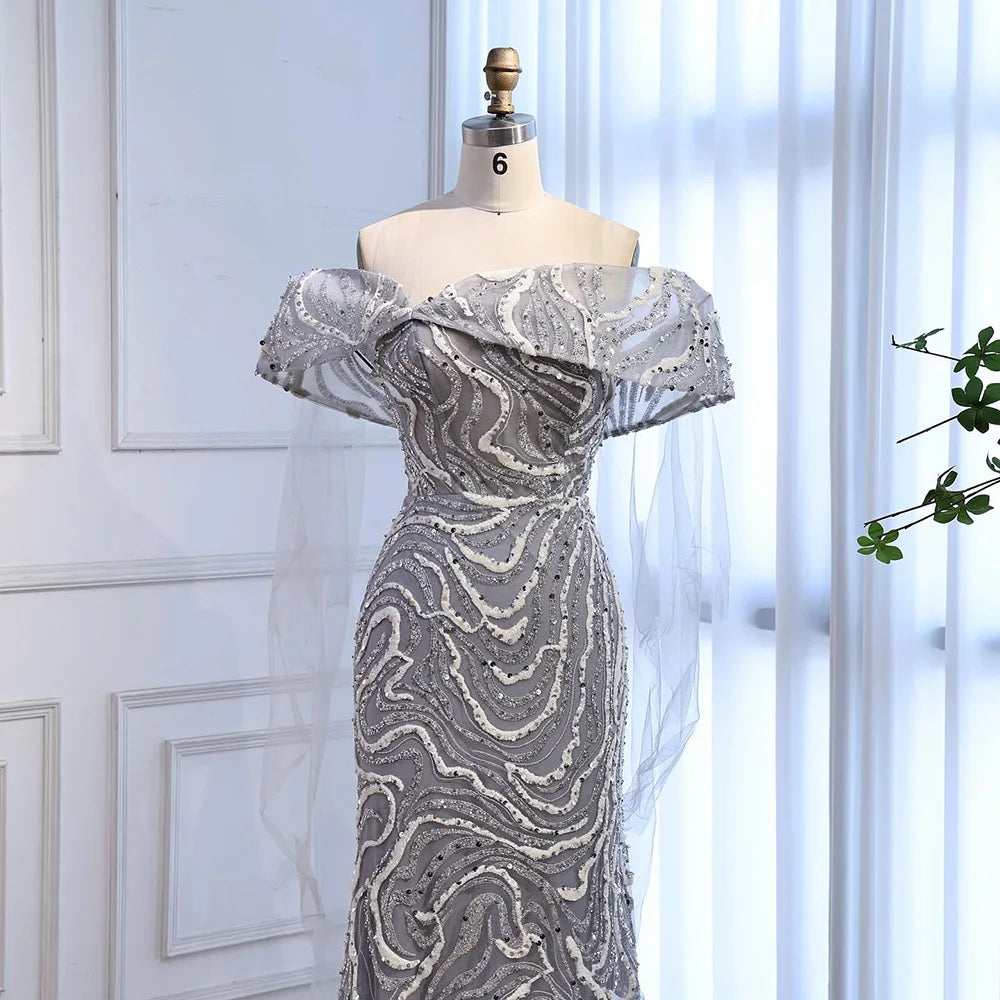 Luxury Gray Sequin Evening Dress with Cape Sleeves LA73125B