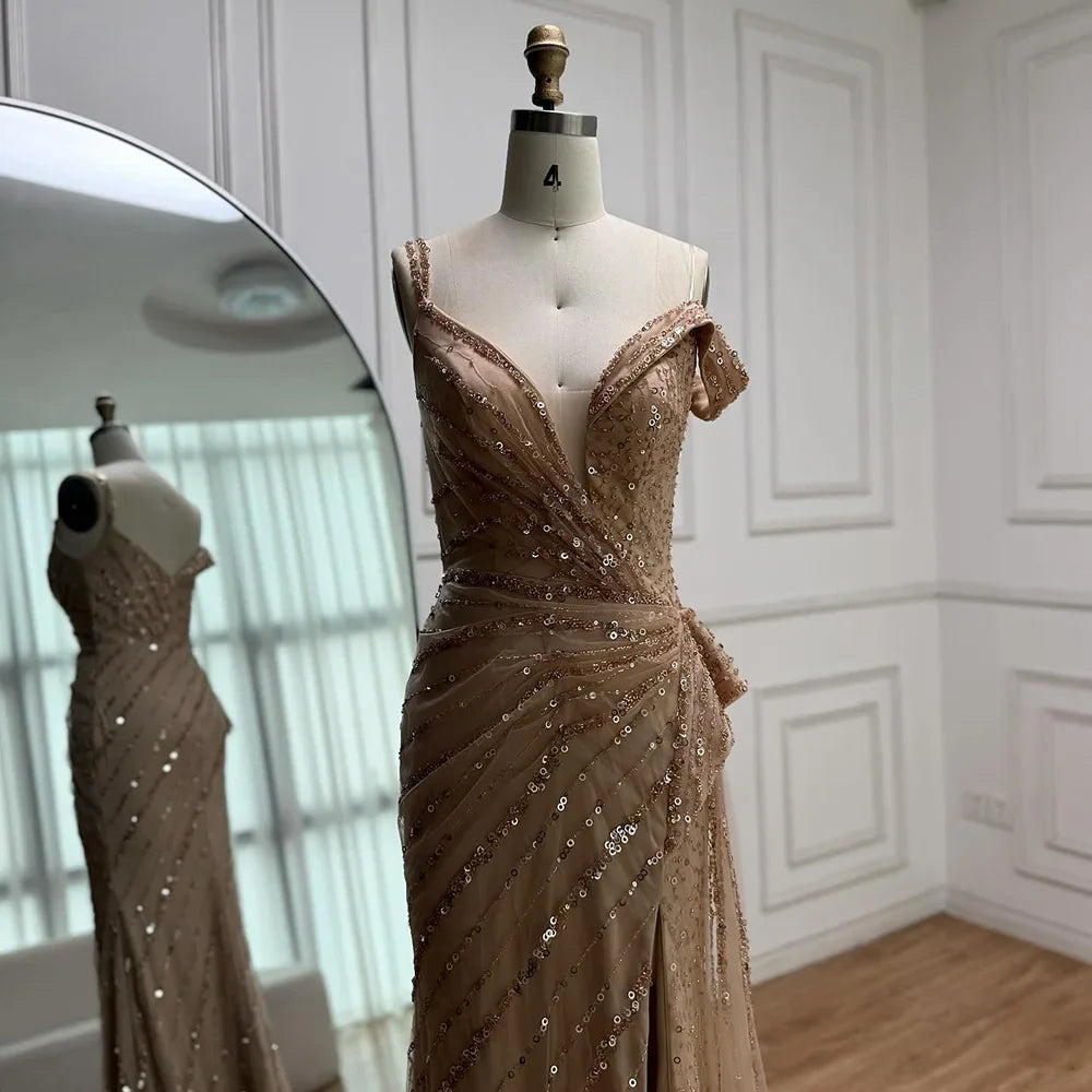 Luxury Blue Beaded Mermaid Evening Dress with Split LA71663