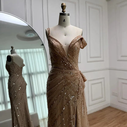Luxury Blue Beaded Mermaid Evening Dress with Split LA71663
