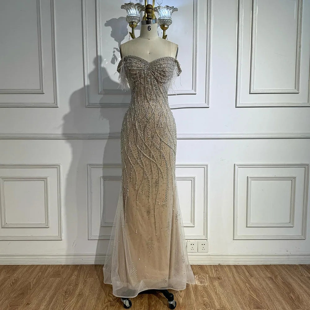 Luxury Dubai Nude Beaded Mermaid Evening Gown with Feather Formal Occasion LA72818