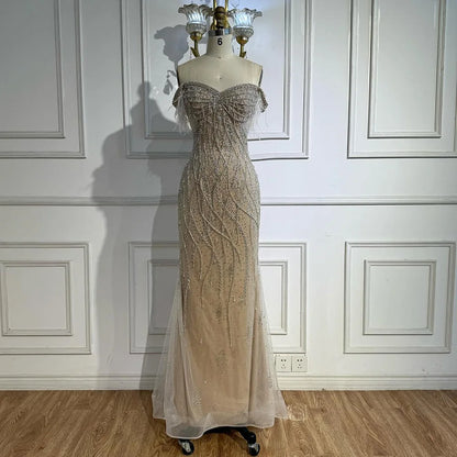 Luxury Dubai Nude Beaded Mermaid Evening Gown with Feather Formal Occasion LA72818