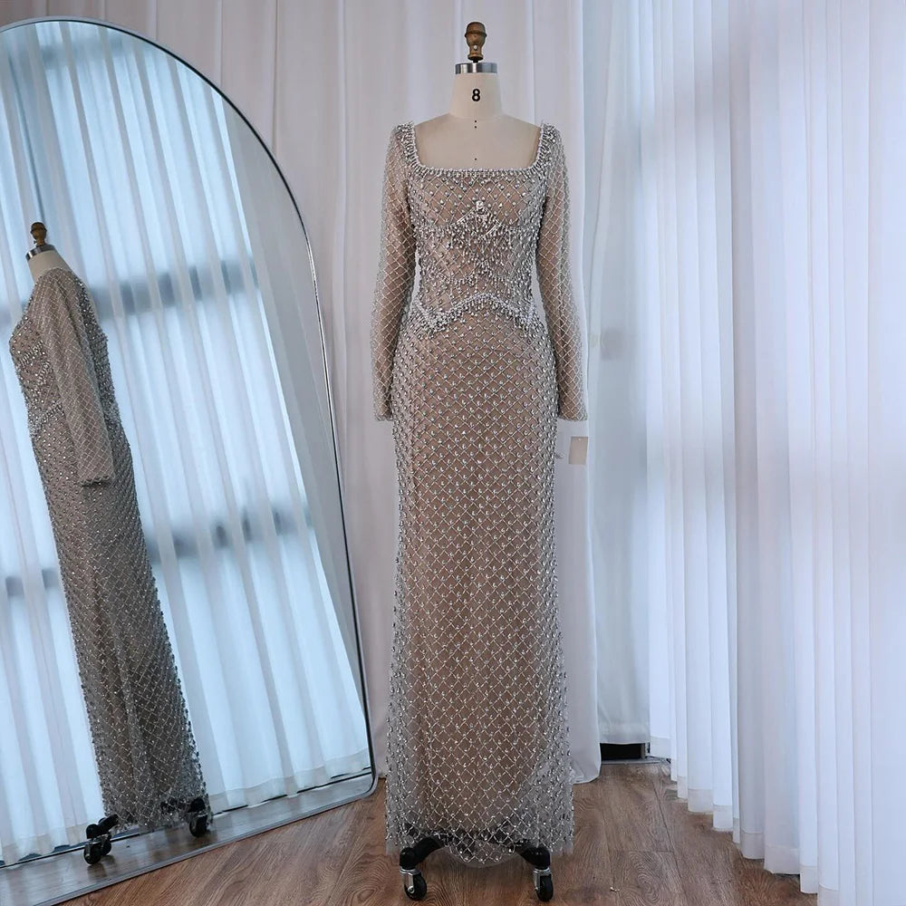 Luxury Pearl Beaded Mermaid Evening Dress with Long Sleeves LA72919A