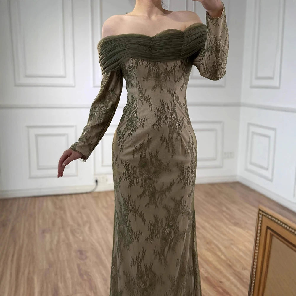 Elegant Olive Green Evening Dress with Lace Sleeves LA72942
