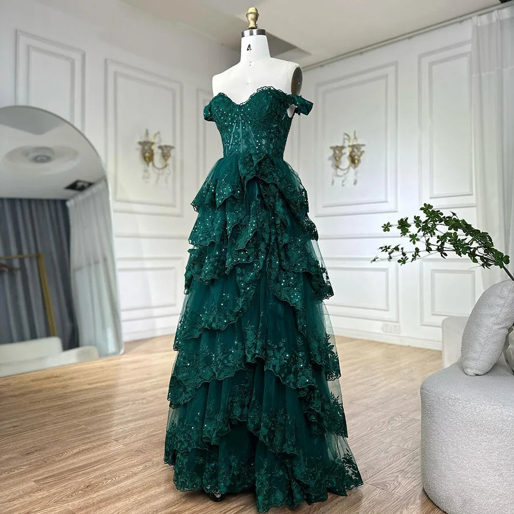 SERENE HILL A-Line/Princess Tulle Lace er Court Train Prom  Dress With Ruffles Sequins LA72586