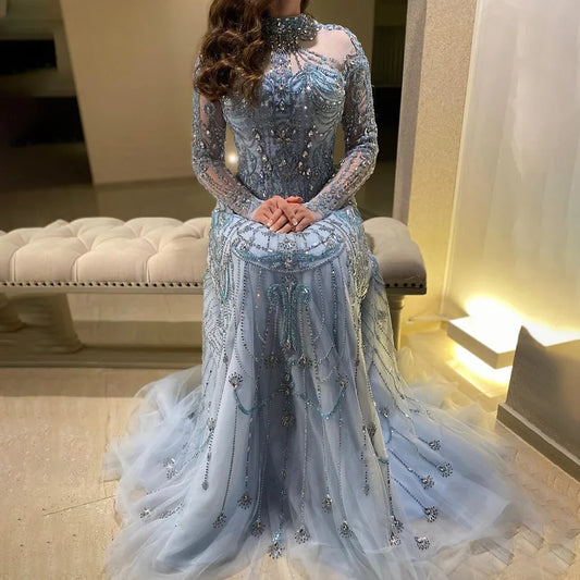 Luxury A-Line Blue Lace Beaded Turtleneck Evening Dresses LA72704