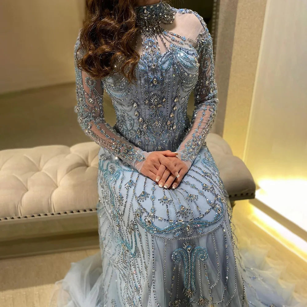 Luxury A-Line Blue Lace Beaded Turtleneck Evening Dresses LA72704