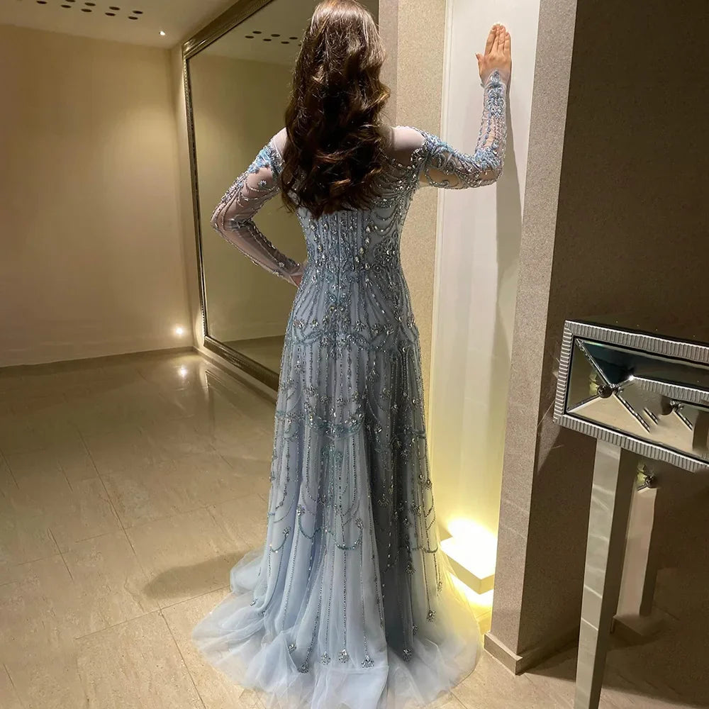 Luxury A-Line Blue Lace Beaded Turtleneck Evening Dresses LA72704