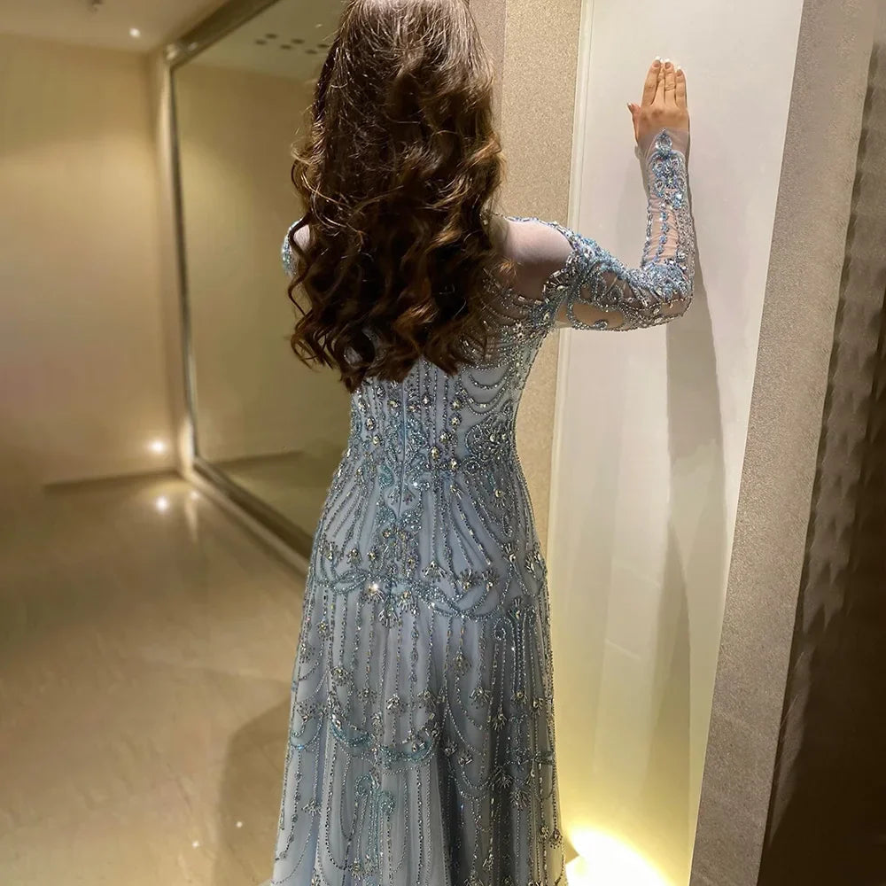 Luxury A-Line Blue Lace Beaded Turtleneck Evening Dresses LA72704