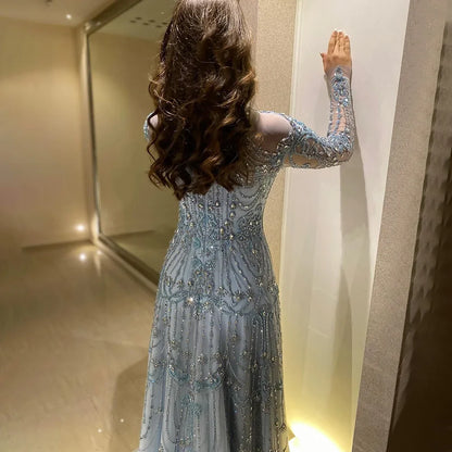 Luxury A-Line Blue Lace Beaded Turtleneck Evening Dresses LA72704