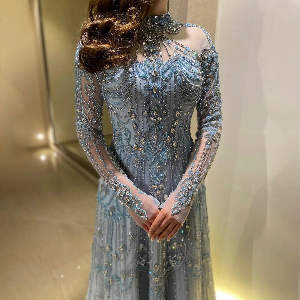 Luxury A-Line Blue Lace Beaded Turtleneck Evening Dresses LA72704