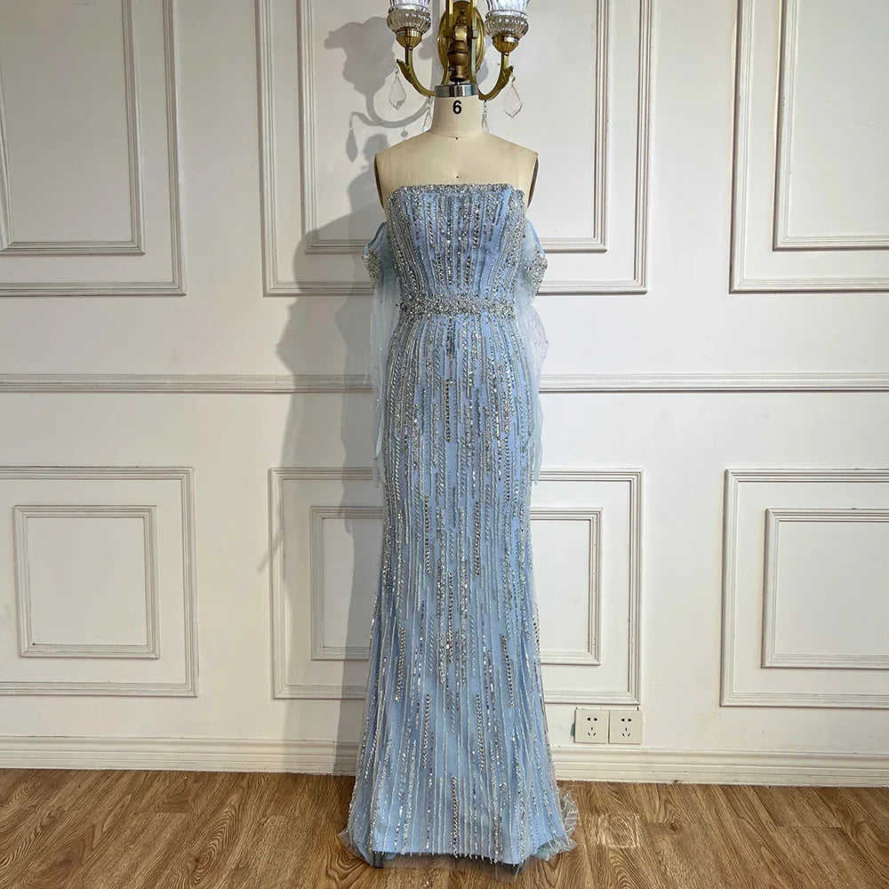 Light Blue Pearls Luxury Dubai Evening Dresses Elegant Strapless LA71950