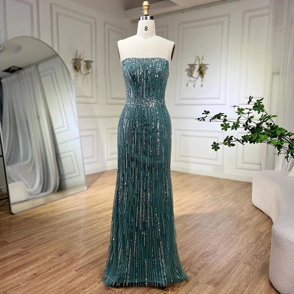 Light Blue Pearls Luxury Dubai Evening Dresses Elegant Strapless LA71950