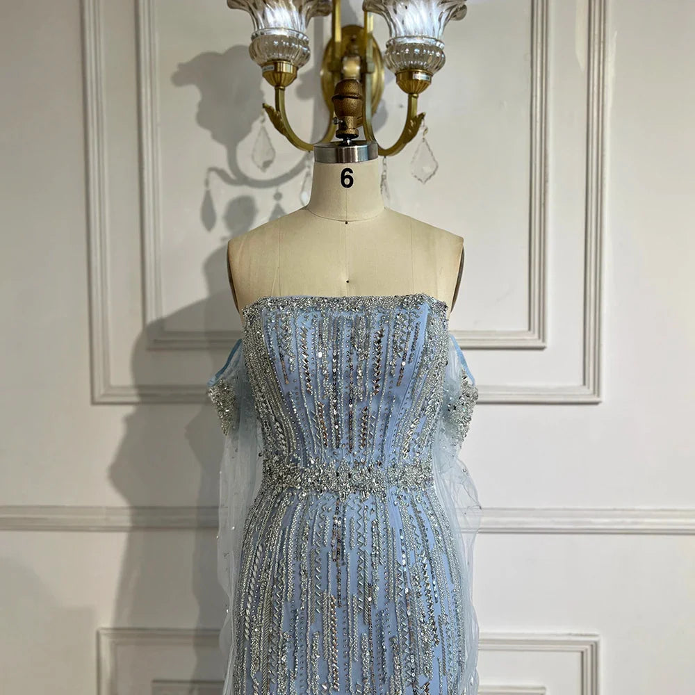 Light Blue Pearls Luxury Dubai Evening Dresses Elegant Strapless LA71950