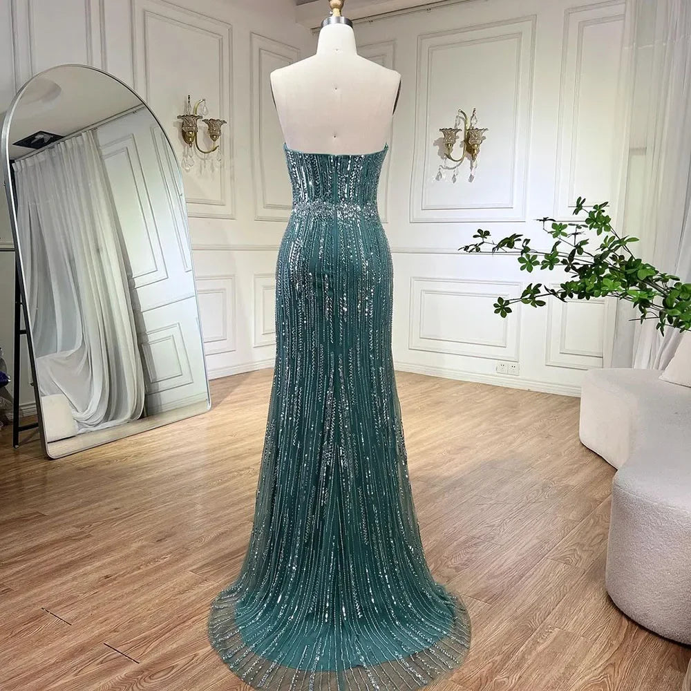 Light Blue Pearls Luxury Dubai Evening Dresses Elegant Strapless LA71950