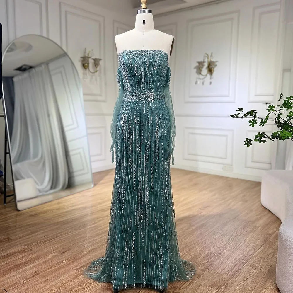 Light Blue Pearls Luxury Dubai Evening Dresses Elegant Strapless LA71950