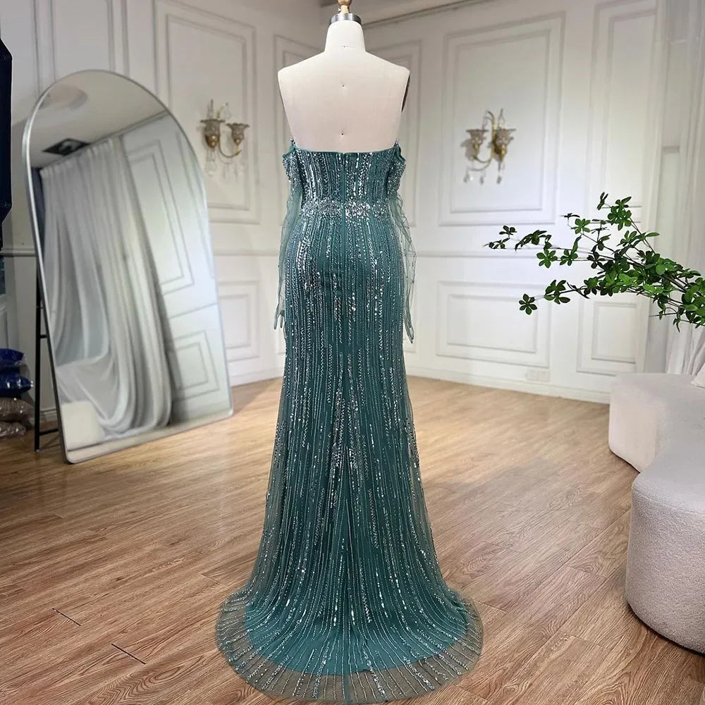 Light Blue Pearls Luxury Dubai Evening Dresses Elegant Strapless LA71950