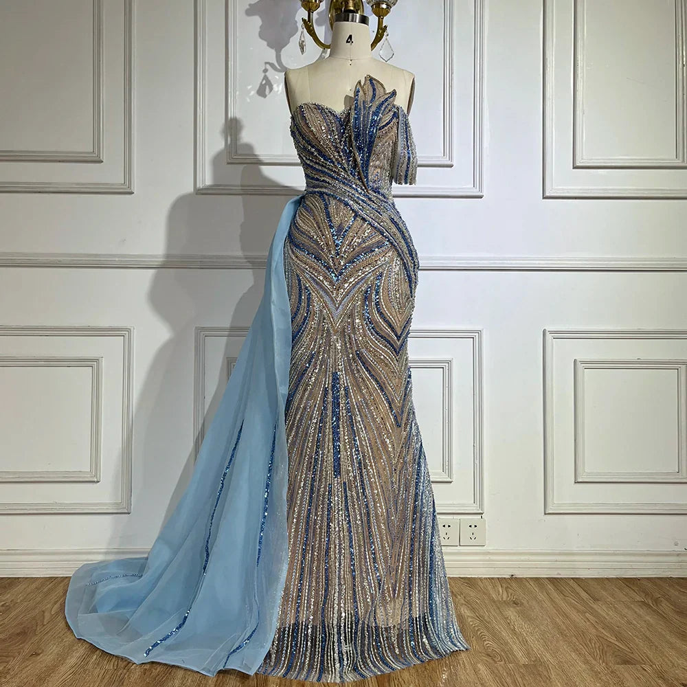 Luxury Dubai  Arabic Blue One Shoulder Luxury Dubai Evening Gown with Side Overskirt Beaded Dress LA72662