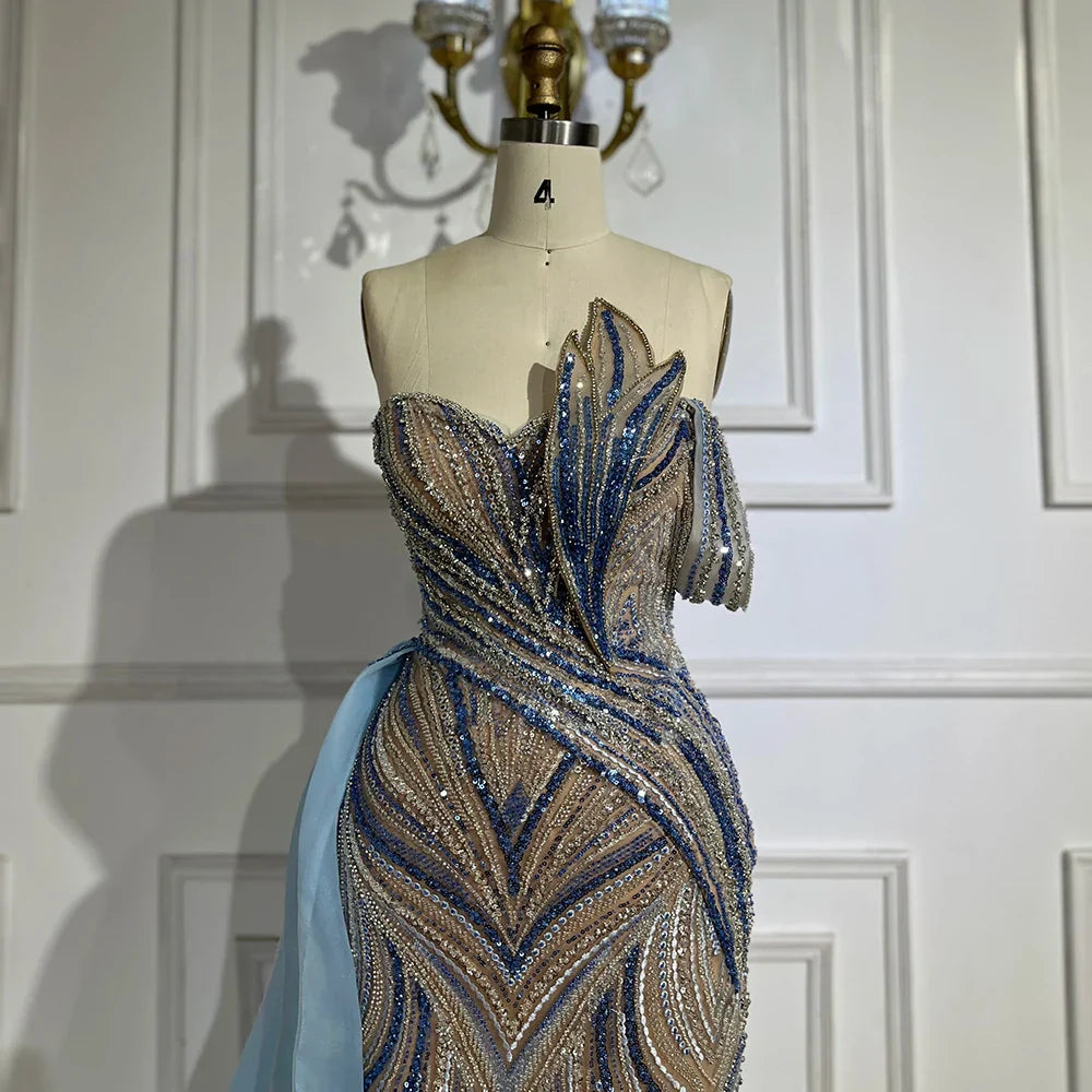 Luxury Dubai  Arabic Blue One Shoulder Luxury Dubai Evening Gown with Side Overskirt Beaded Dress LA72662