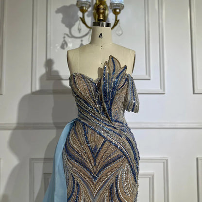 Luxury Dubai  Arabic Blue One Shoulder Luxury Dubai Evening Gown with Side Overskirt Beaded Dress LA72662