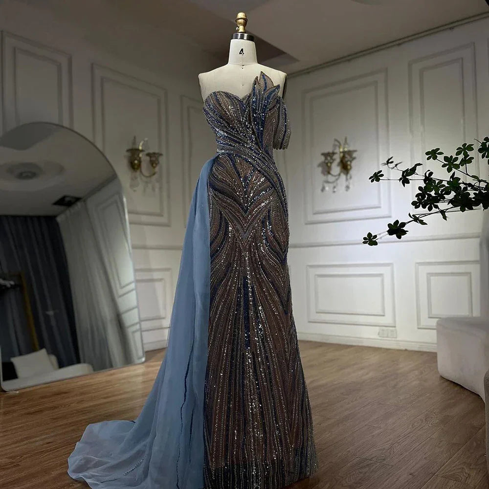 Luxury Dubai  Arabic Blue One Shoulder Luxury Dubai Evening Gown with Side Overskirt Beaded Dress LA72662