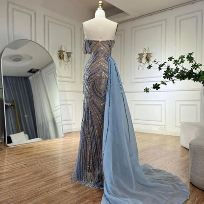 Luxury Dubai  Arabic Blue One Shoulder Luxury Dubai Evening Gown with Side Overskirt Beaded Dress LA72662