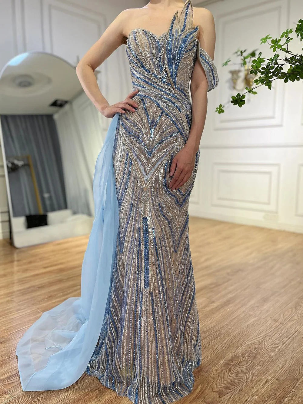 Luxury Dubai  Arabic Blue One Shoulder Luxury Dubai Evening Gown with Side Overskirt Beaded Dress LA72662