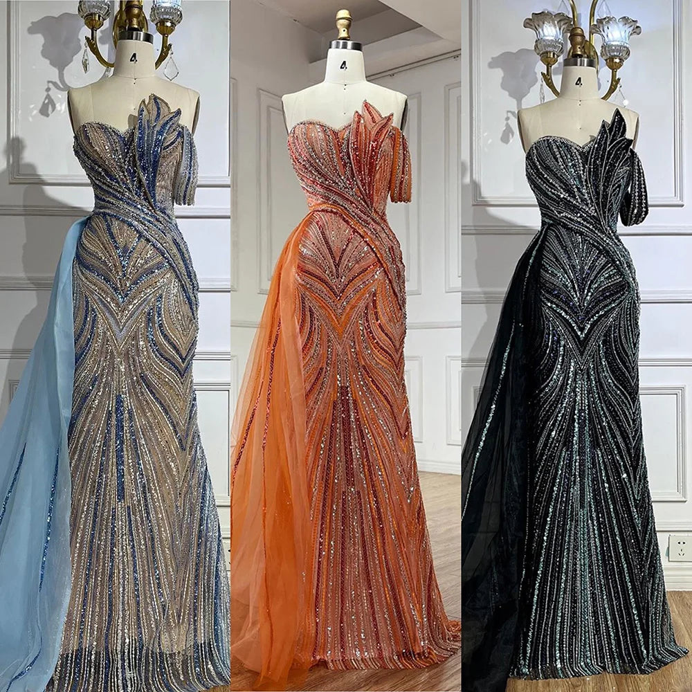 Luxury Dubai  Arabic Blue One Shoulder Luxury Dubai Evening Gown with Side Overskirt Beaded Dress LA72662