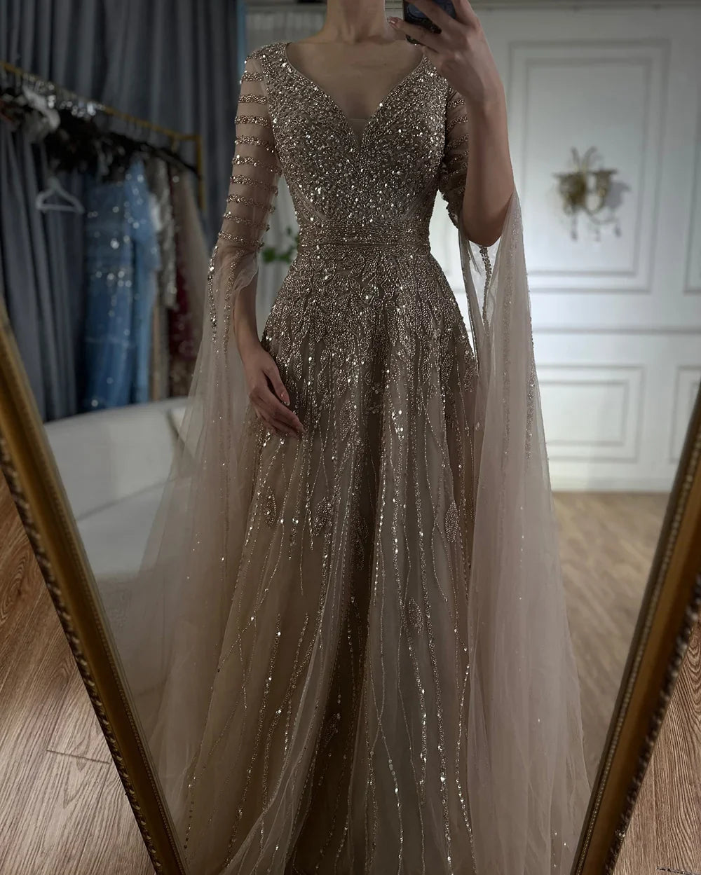 Luxury Dubai  Arabic Caramel Elegant A-Line Beaded Long Evening Dresses Gowns with Cape Sleeves for Formal Occasion LA72750
