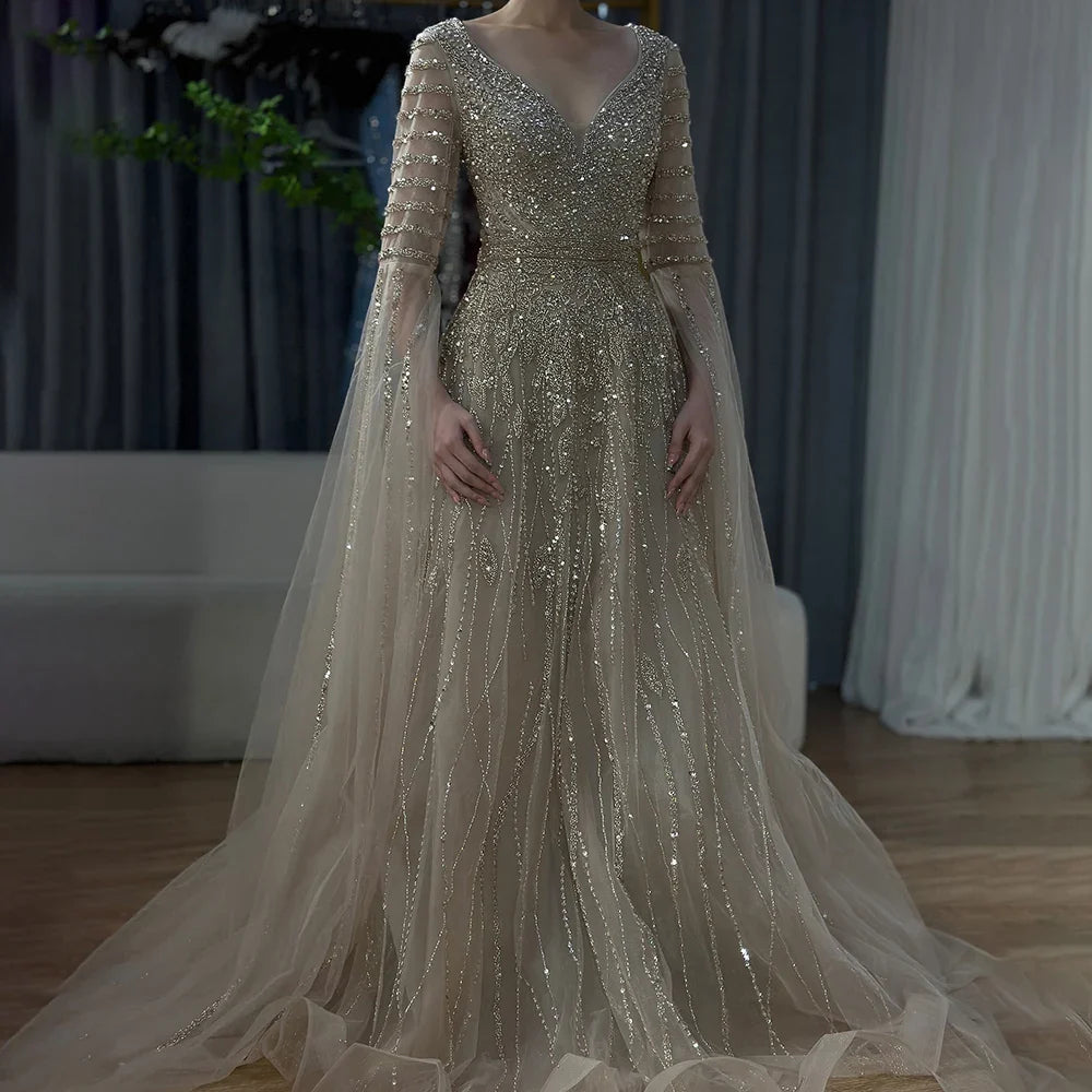 Luxury Dubai  Arabic Caramel Elegant A-Line Beaded Long Evening Dresses Gowns with Cape Sleeves for Formal Occasion LA72750