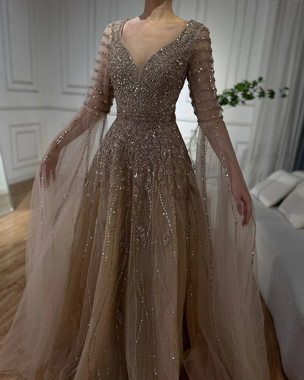 Luxury Dubai  Arabic Caramel Elegant A-Line Beaded Long Evening Dresses Gowns with Cape Sleeves for Formal Occasion LA72750