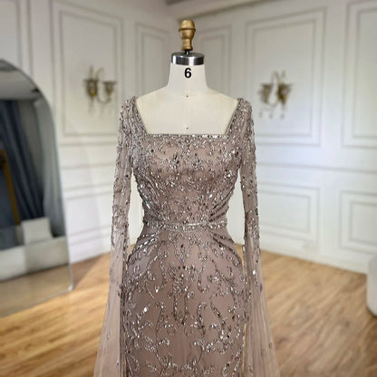 Arabic Caramel Beaded Mermaid Evening Dress with Cape Sleeves LA72400A