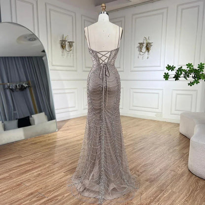 Serene Hill 2025 Arabic Caramel Spaghetti Strap Mermaid Lace-Up Evening Gown Beaded Dress for Women's Party LA72645