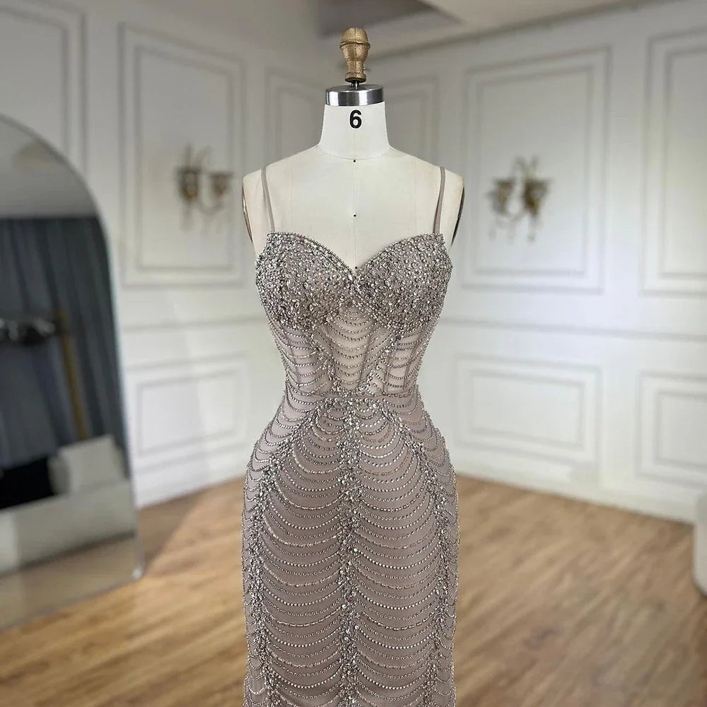Serene Hill 2025 Arabic Caramel Spaghetti Strap Mermaid Lace-Up Evening Gown Beaded Dress for Women's Party LA72645