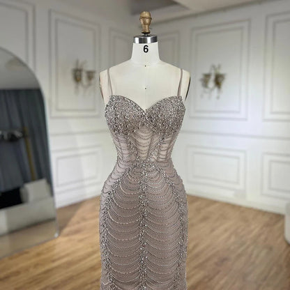 Serene Hill 2025 Arabic Caramel Spaghetti Strap Mermaid Lace-Up Evening Gown Beaded Dress for Women's Party LA72645