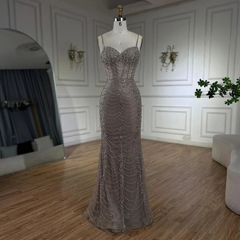 Serene Hill 2025 Arabic Caramel Spaghetti Strap Mermaid Lace-Up Evening Gown Beaded Dress for Women's Party LA72645