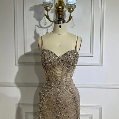 Serene Hill 2025 Arabic Caramel Spaghetti Strap Mermaid Lace-Up Evening Gown Beaded Dress for Women's Party LA72645