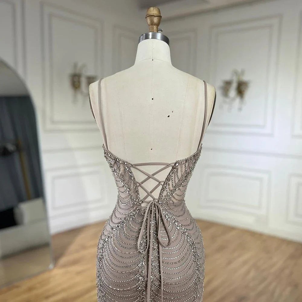 Serene Hill 2025 Arabic Caramel Spaghetti Strap Mermaid Lace-Up Evening Gown Beaded Dress for Women's Party LA72645
